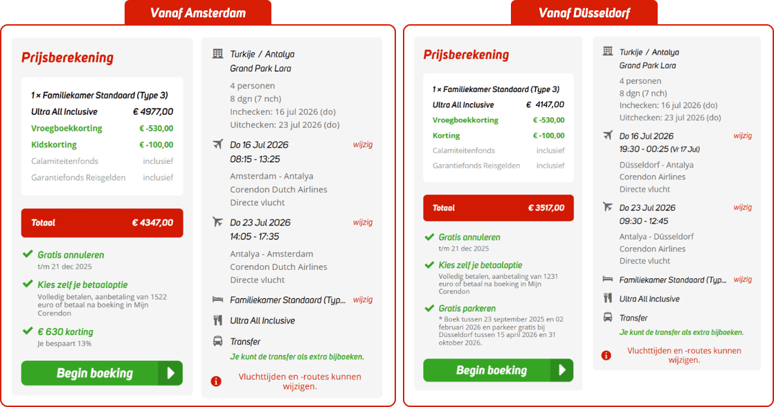 Kassabonnen vertrek vanaf Amsterdam vs Düsseldorf